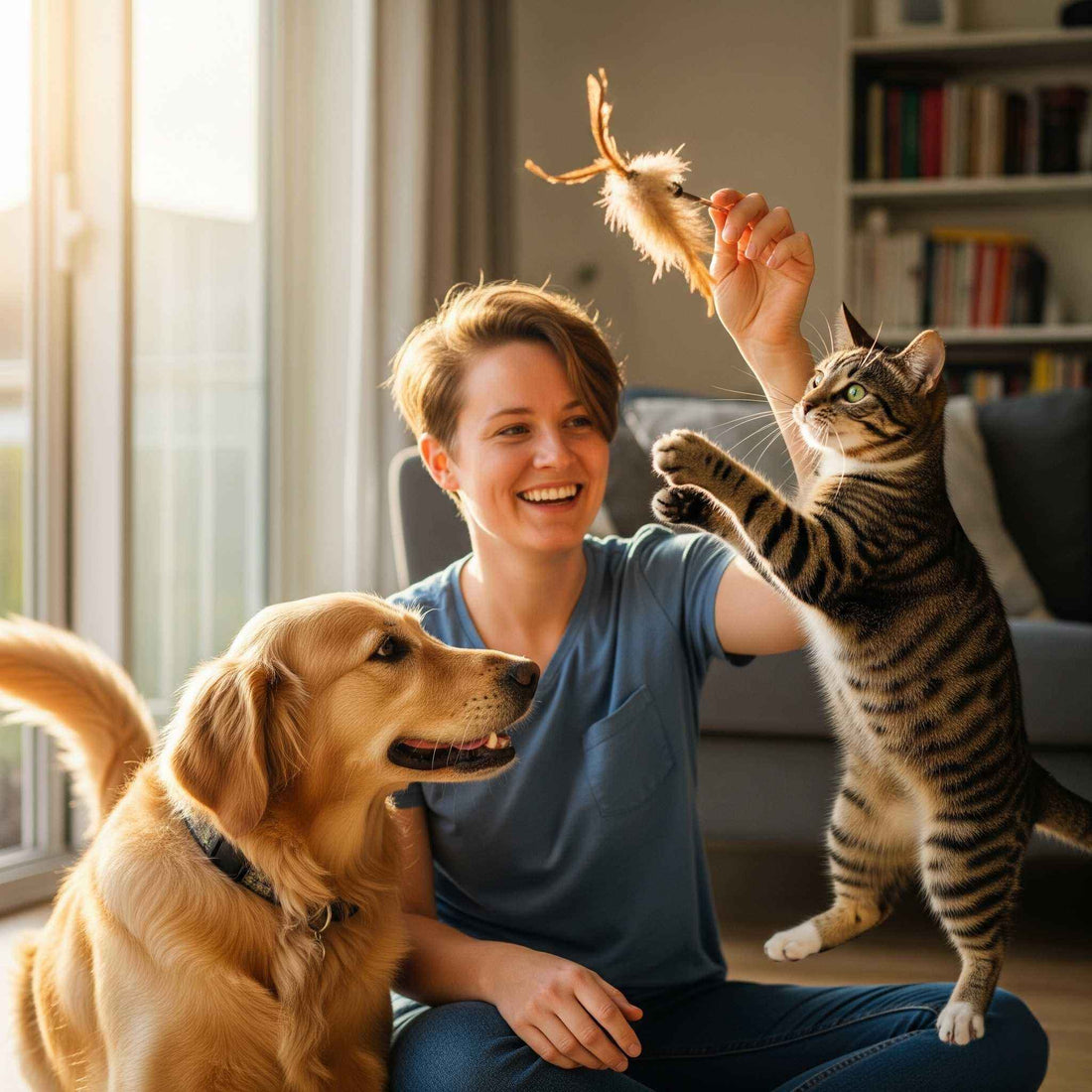 A woman playing with her cat using interactive pet toys for health while a golden retriever watches