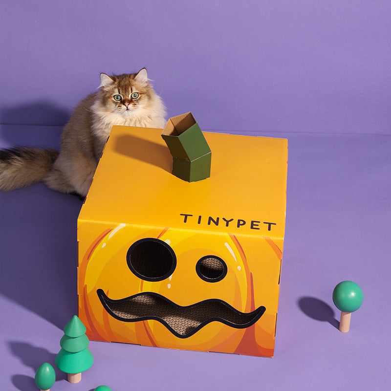 Belinana cat scratcher box Halloween designed as a pumpkin for feline fun and entertainment