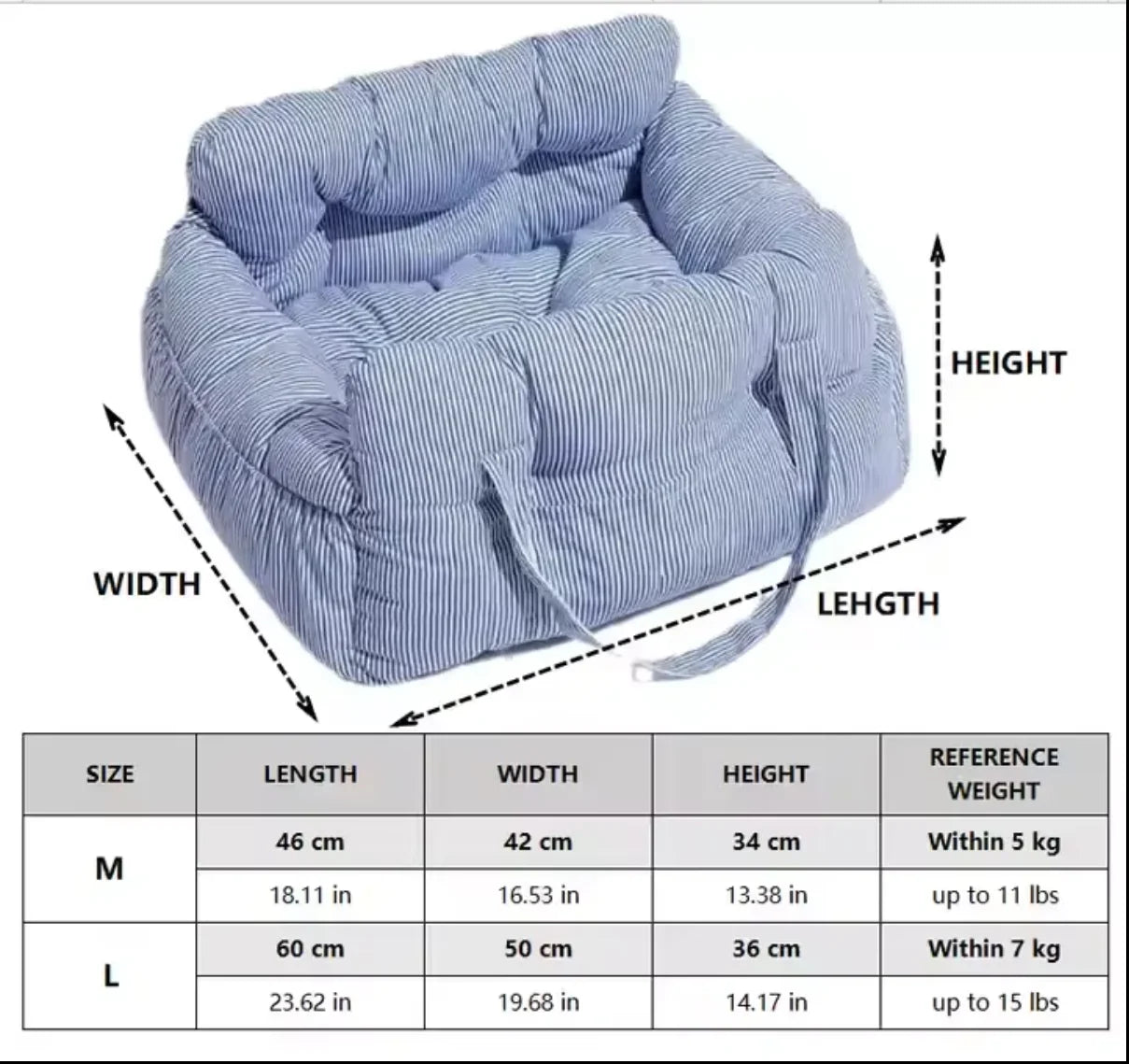 Belinana dog car seat booster bed in blue striped fabric with cushioned sides and adjustable straps