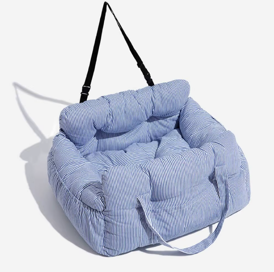 Belinana blue and white striped dog car seat booster bed with padded sides and adjustable strap