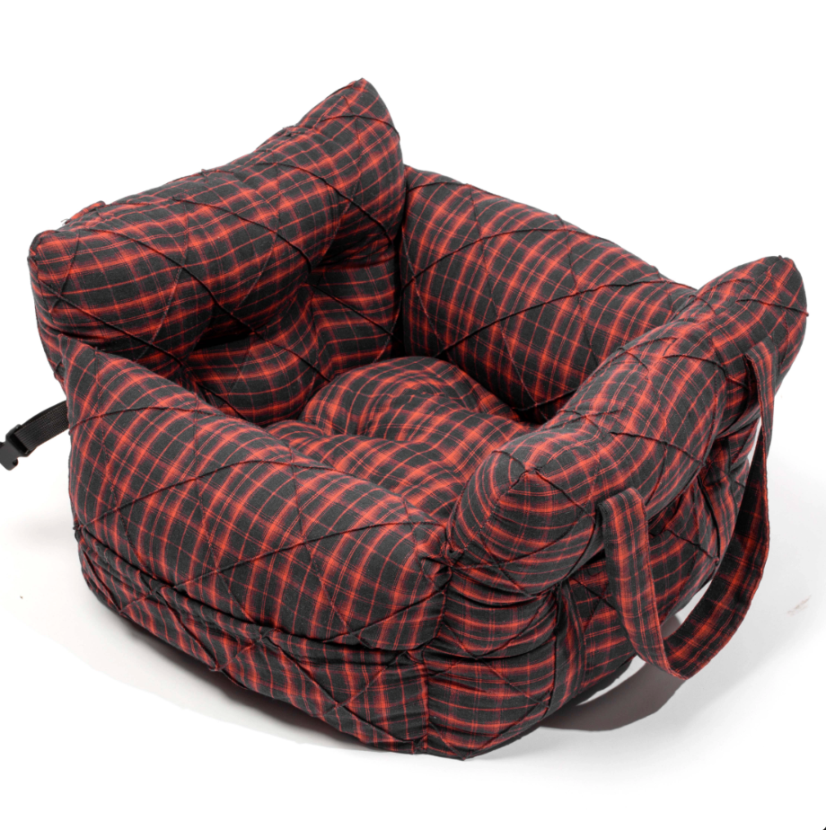 Belinana dog car seat booster bed in red and black plaid pattern with padded sides and handles