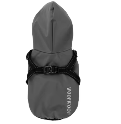 Belinana dog rain coat waterproof in gray with hood and adjustable black harness straps