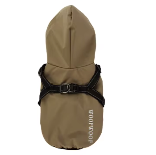 Belinana dog rain coat waterproof in tan with harness straps and hood for rainy weather