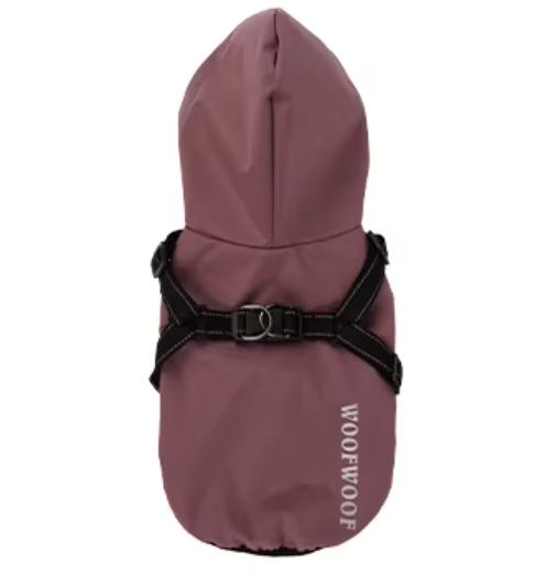 Belinana dog rain coat waterproof in mauve with harness straps and hood for rainy weather