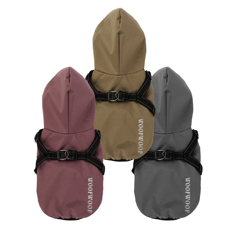 Belinana dog rain coat waterproof in brown, purple, and gray colors with harness straps