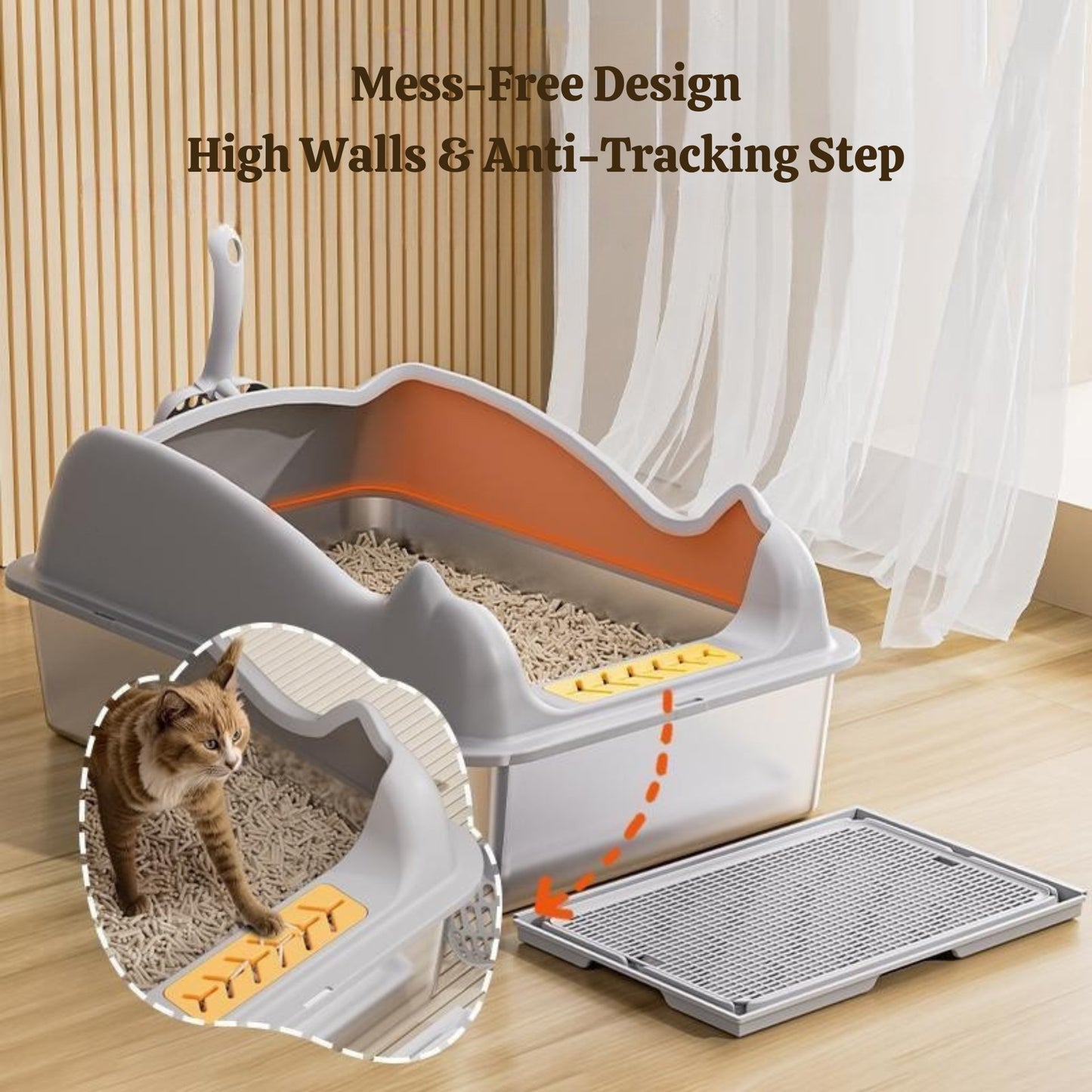 Belinana large stainless steel cat litter box with high walls and anti-tracking step for easy cleaning