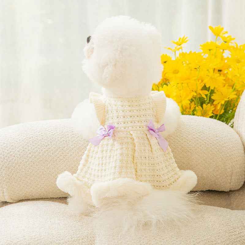 Belinana Princess Dog Sweater Dress - Plush Faux-Fur Bow
