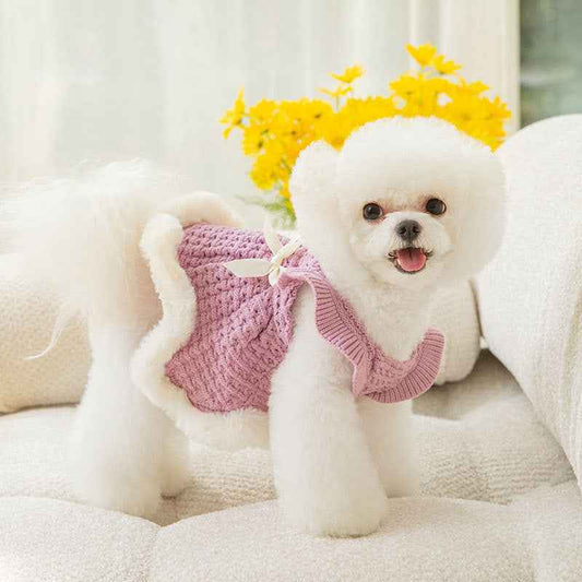 Belinana Princess Dog Sweater Dress - Plush Faux-Fur Bow
