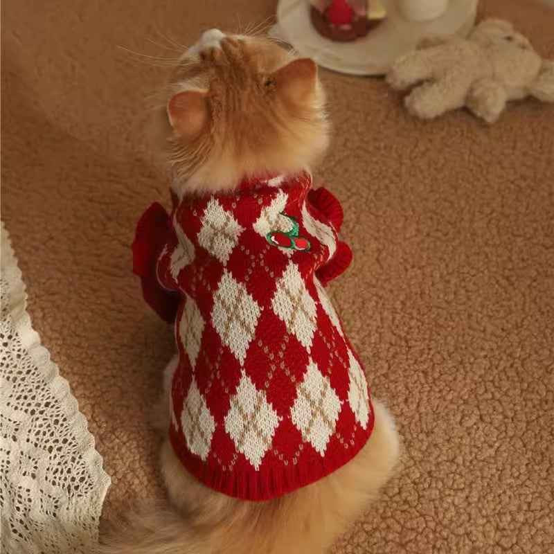 Belinana Red Argyle Cozy Knit - cute cat sweaters for winter