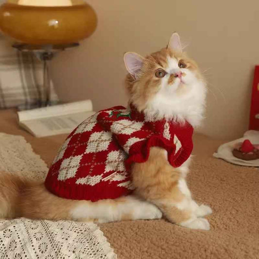 Belinana Red Argyle Cozy Knit - cute cat sweaters for winter