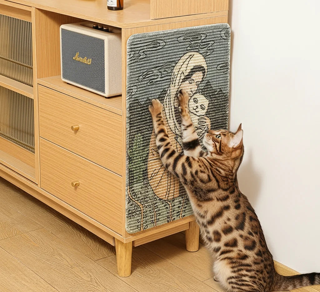 Printed sisal cat scratching pad featuring a cat design, perfect for playful and active cats