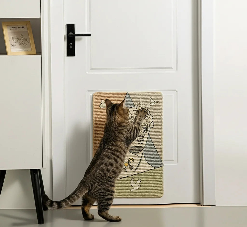 Printed sisal cat scratching pad with a playful design for cats to scratch and play