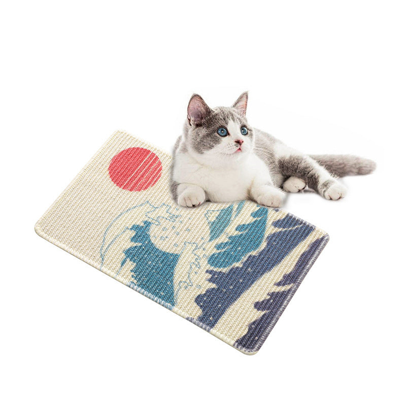 Belinana printed sisal cat scratching pad featuring a colorful design with a cat lounging nearby