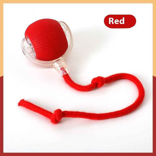 Belinana red self-rolling cat ball for indoor cats with a plush cord for playful entertainment