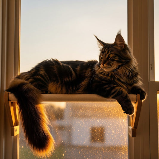 Tabby cat lounging on a sunlit window perch illustrating benefits of window perches for indoor cats