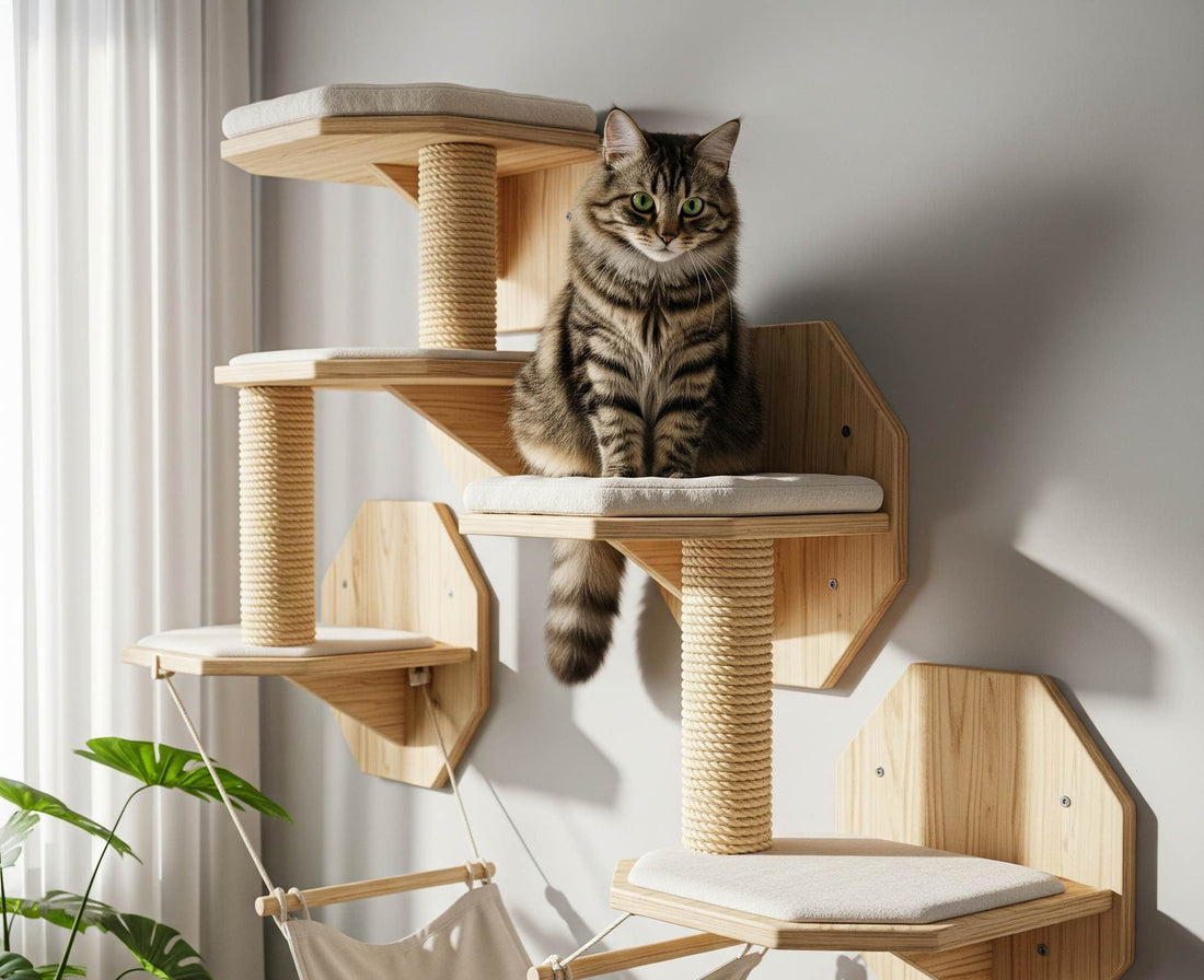 Step-by-step guide on how to install wall mounted cat climbing frame with a cat on it