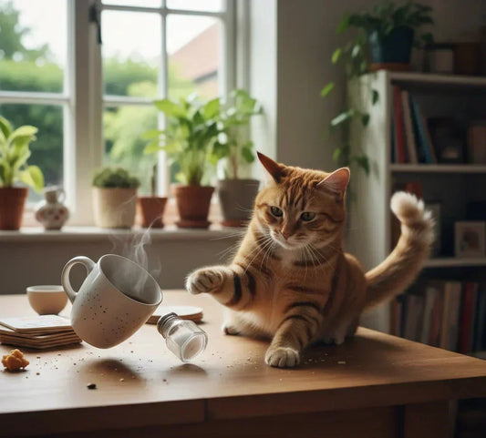 Curious orange cat knocking a mug off a table, exploring why do cats knock things off tables