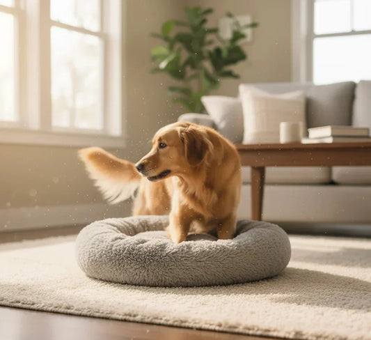 Golden Retriever spinning in its cozy dog bed, illustrating why do dogs spin before lying down