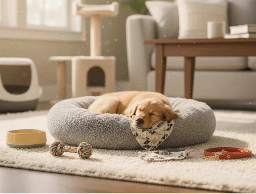 Cozy setting showing a sleeping dog surrounded by toys for ideas on how to entertain a lonely pet at home