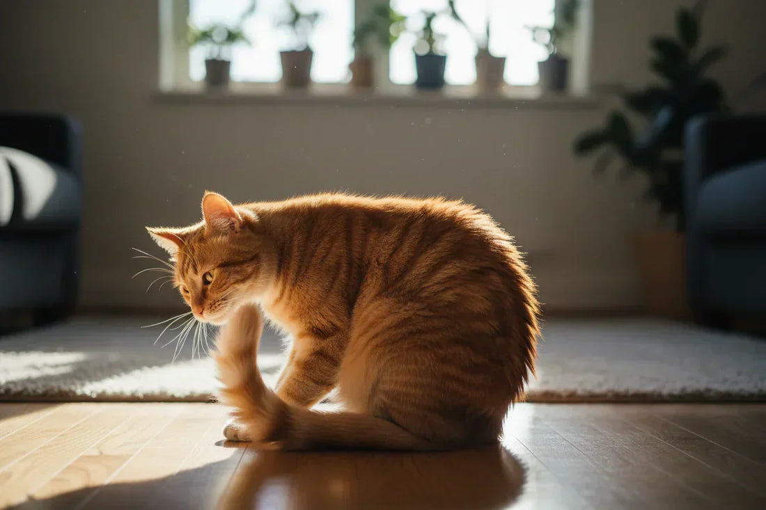 Cat exhibiting behavior in a sunlit room, illustrating the cat tail body language guide