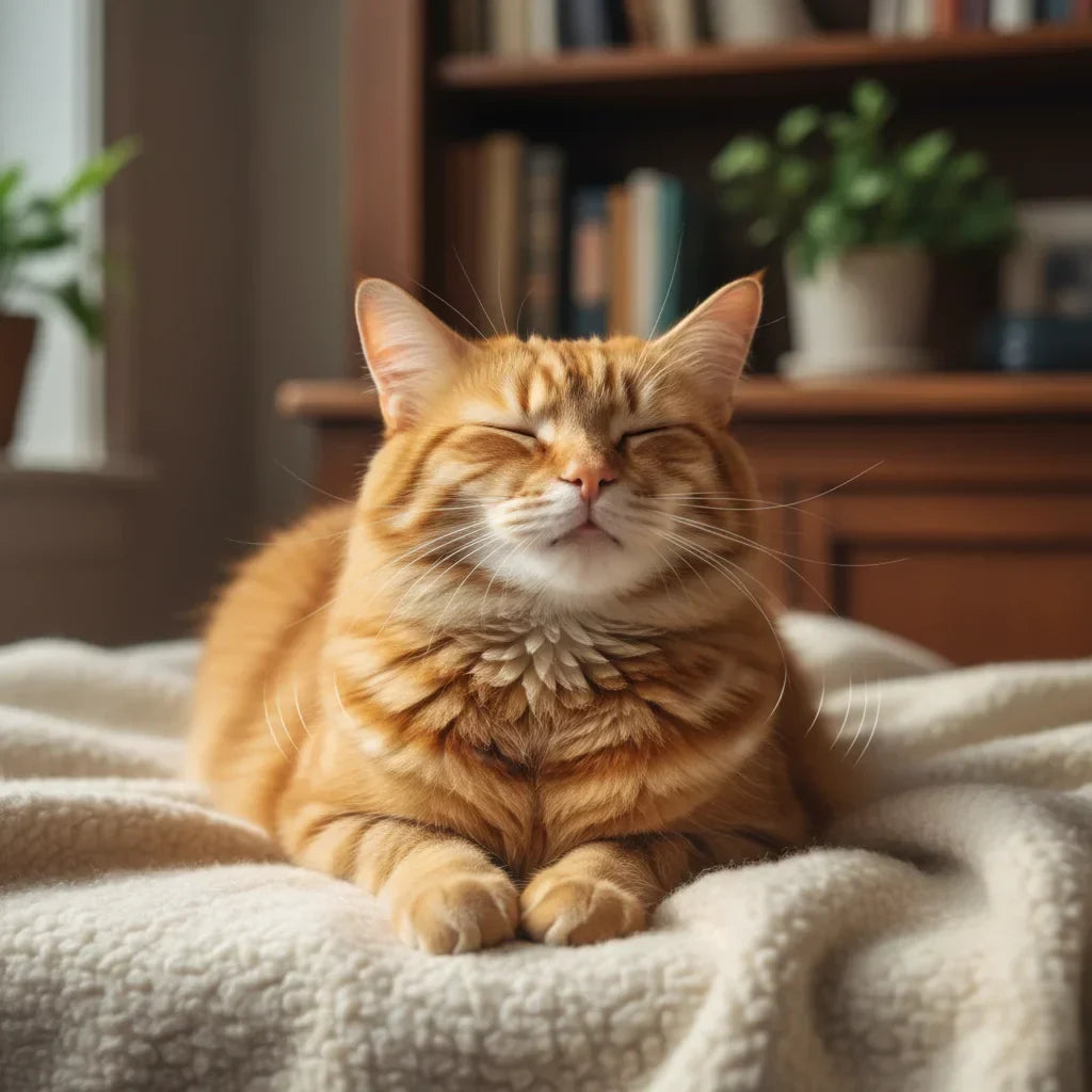Content orange cat relaxing comfortably, showcasing the topic of why do cats purr explained
