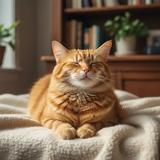 Content orange cat relaxing comfortably, showcasing the topic of why do cats purr explained