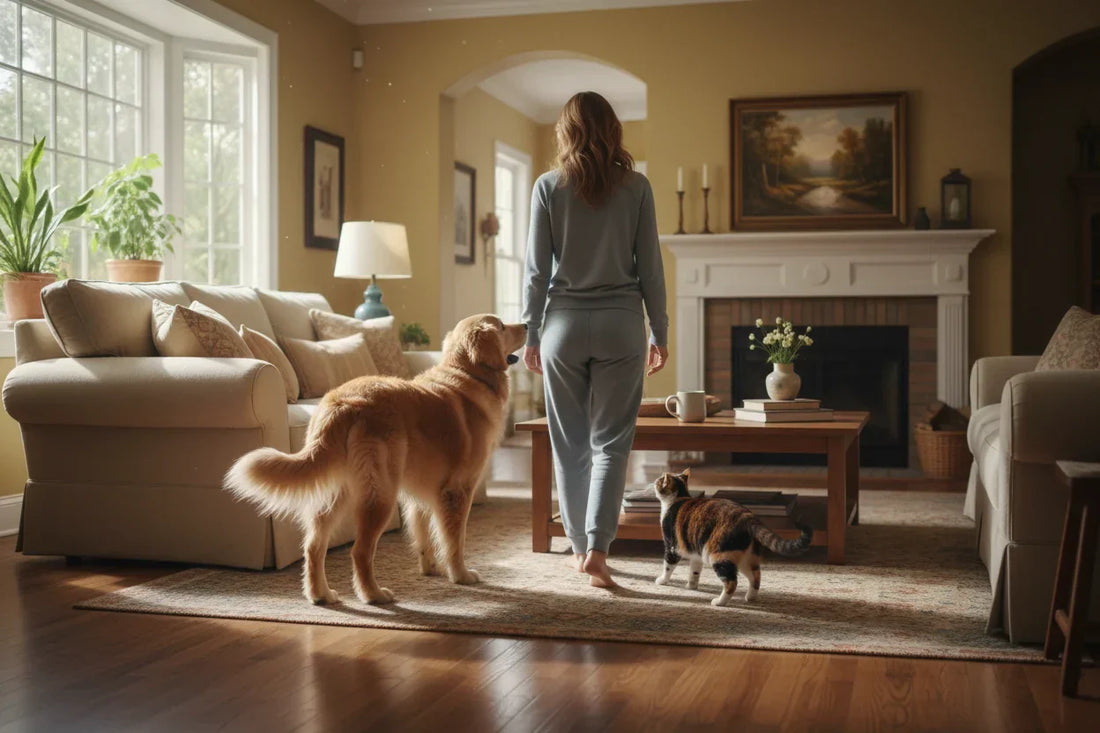 A person walking in a cozy living room with a golden retriever and a cat, exploring why do pets follow their owners