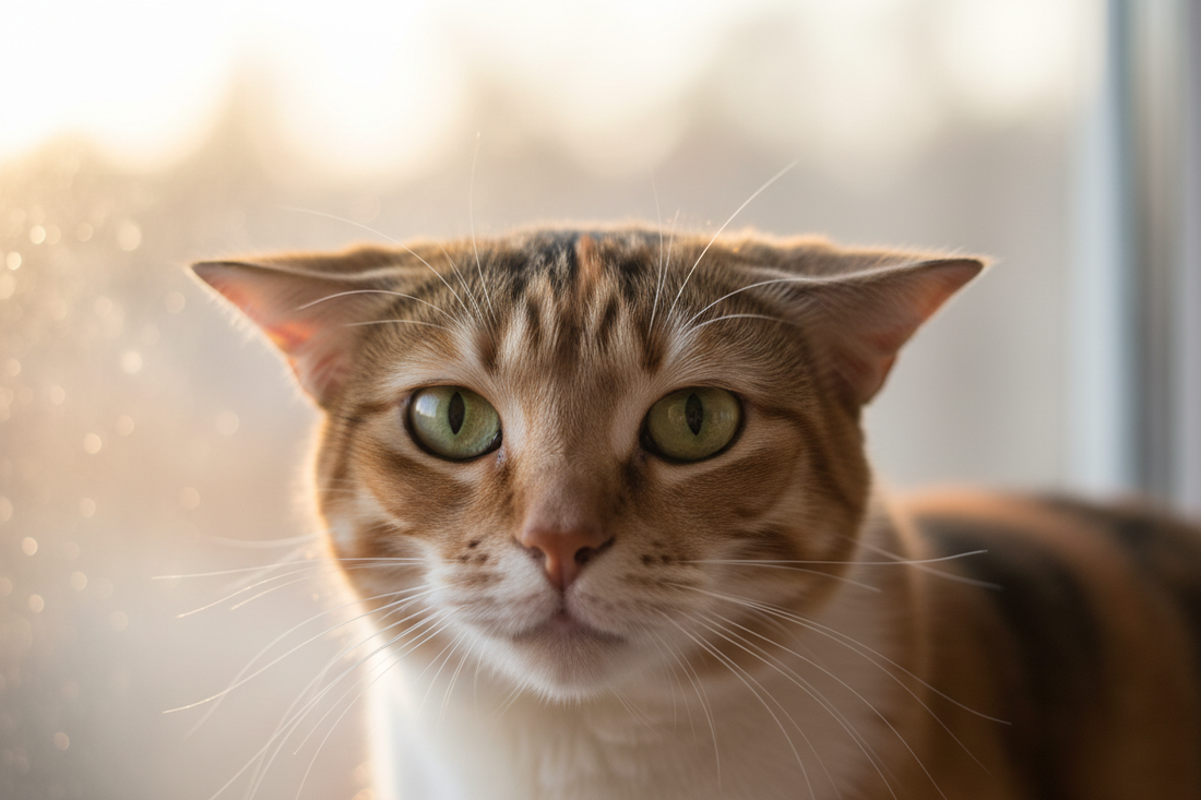 Close-up of a cat with attentive expression exploring what do cat ear positions mean
