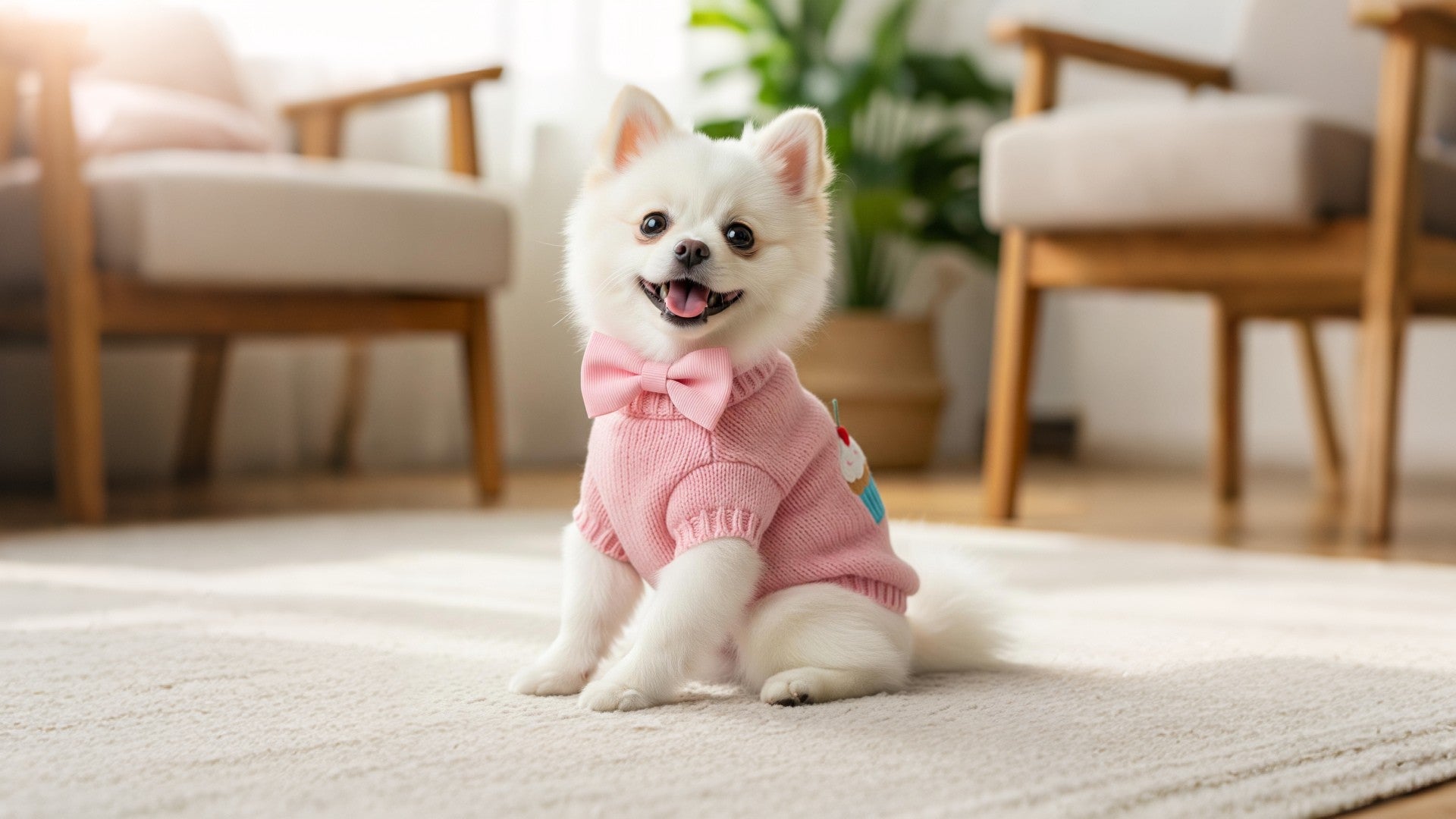 Small dog wearing a pink sweater with a bow tie in a living room.