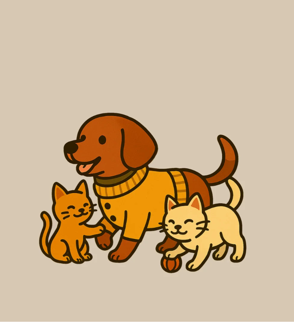 Illustration of a dog in a sweater with two cats on a beige background