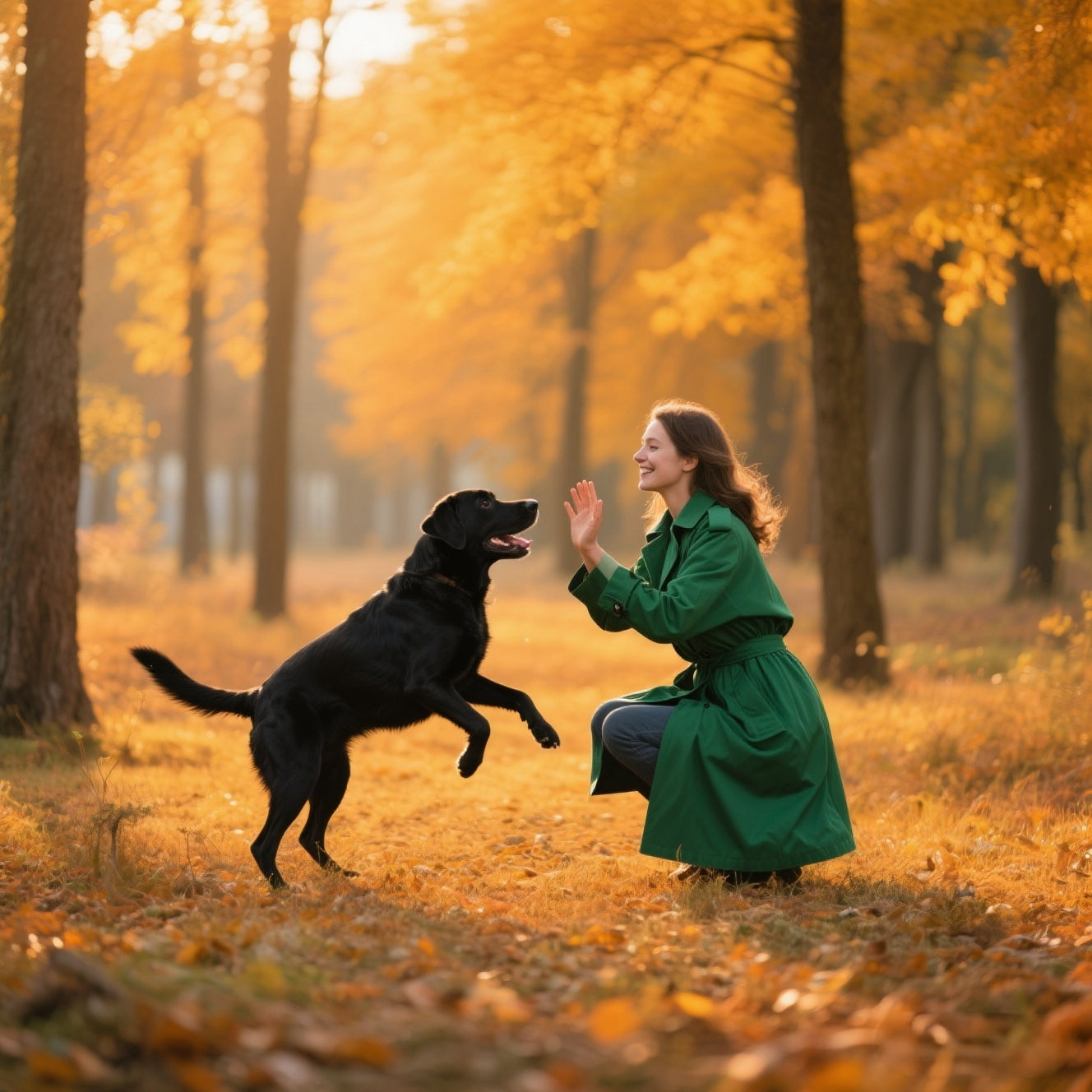 Woman in a green coat playing with a black dog in an autumn forest.