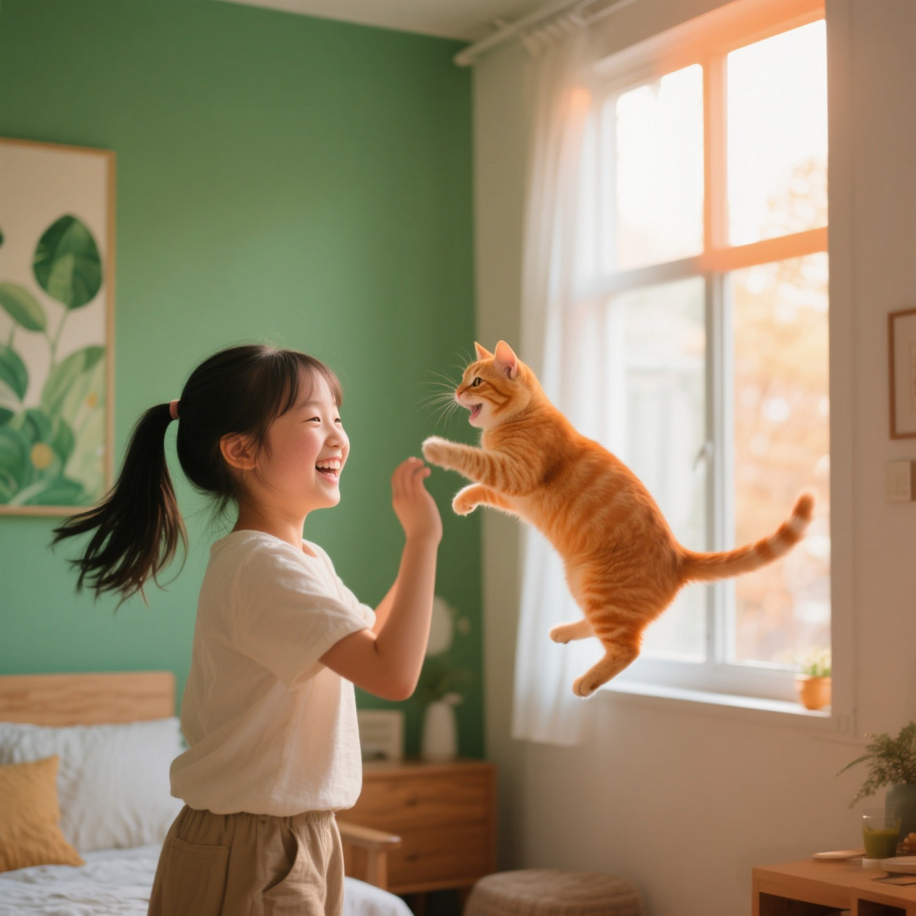 Woman playing with an orange cat in a bright room with green walls and a window.