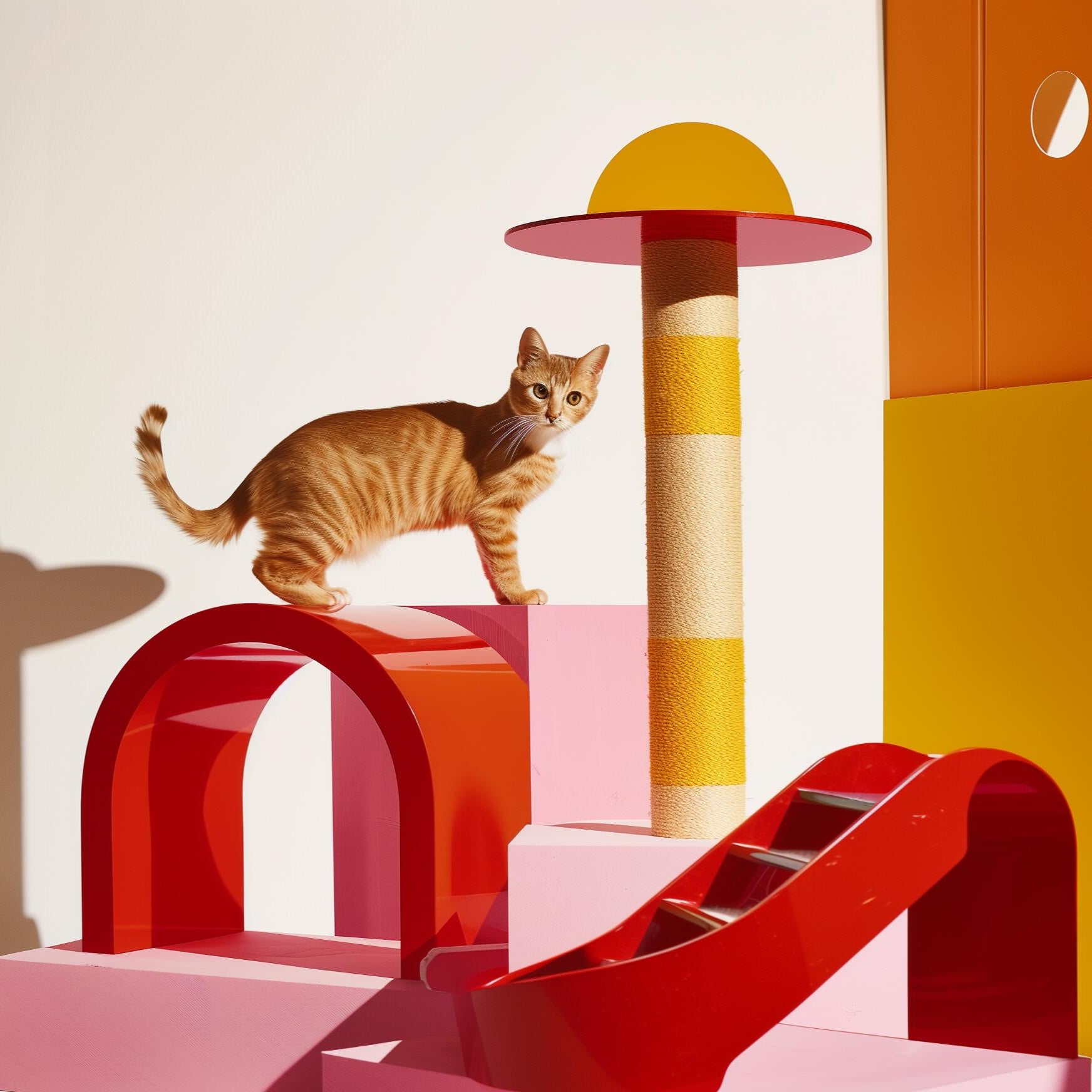 Colorful cat play structure with a cat on top against a white background