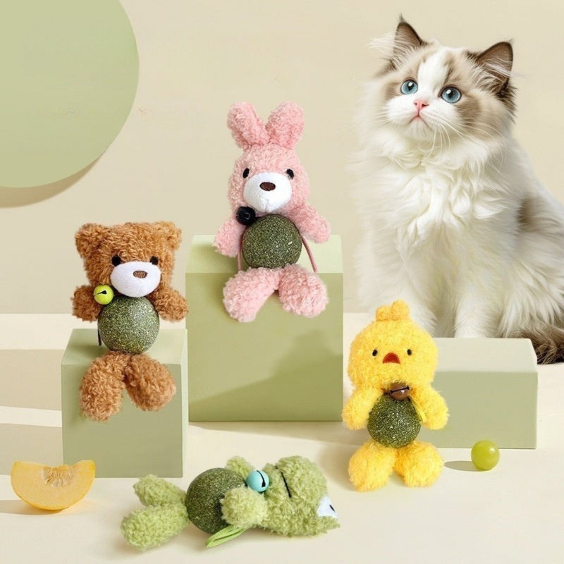 Colorful plush catnip ball cat toy featuring bear, rabbit, and chick designs for playful cats