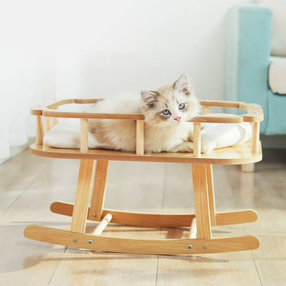 Belinana cat nest swinging bed in natural wood with a comfortable cushion for lounging cats