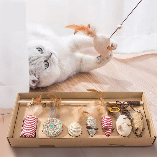 Belinana cat toy set with feather mouse and various feathered toys in a cardboard box with a white cat playing