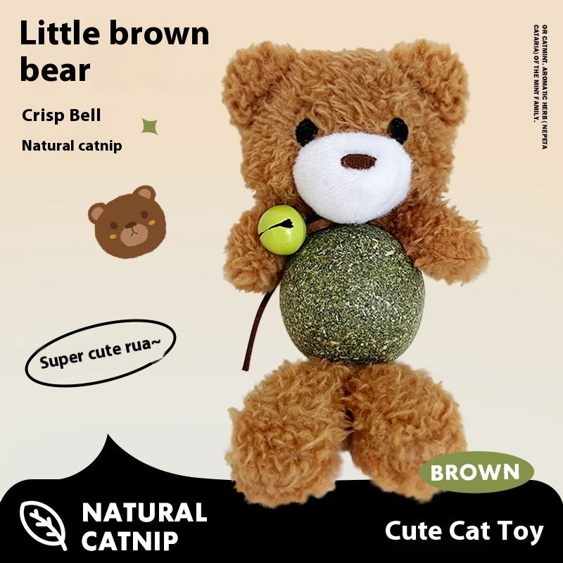 Little brown bear cat toy with natural catnip ball for playful cats, featuring soft plush material