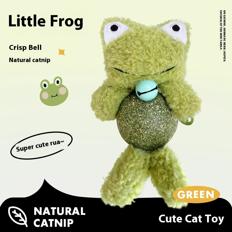Green little frog cat toy with natural catnip ball, perfect for playful cats
