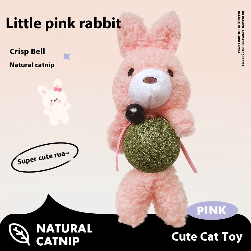 Cute pink rabbit plush cat toy with natural catnip ball for interactive play