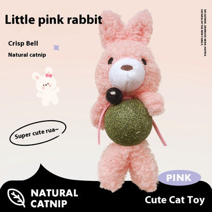 Cute pink rabbit plush cat toy with natural catnip ball for interactive play