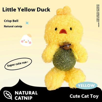 Yellow duck cat toy with natural catnip ball for playful cats and soft texture for snuggling