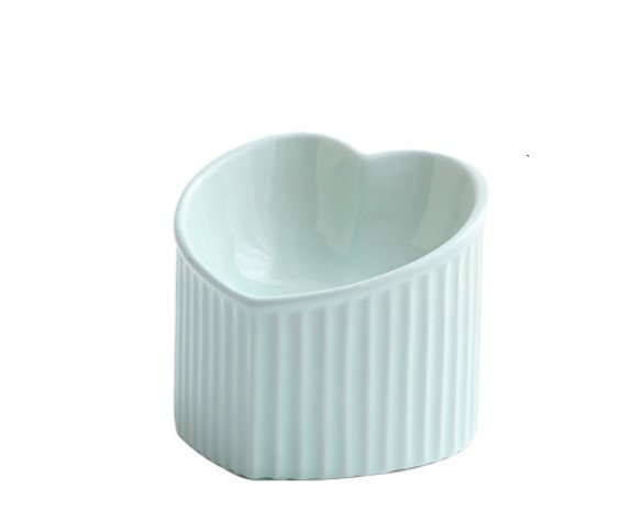 Light blue ceramic pet bowl inclined mouth in a heart shape for dogs and cats