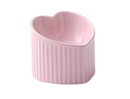 Pink ceramic pet bowl inclined mouth for cats and small dogs with a heart shape design