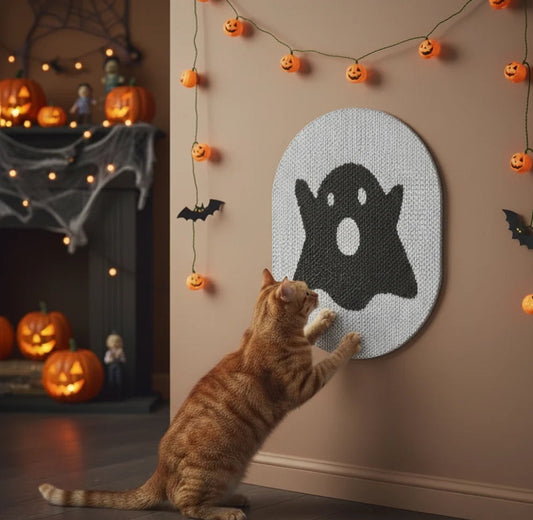 Halloween cat scratching post with a ghost design, perfect for playful cats during the spooky season