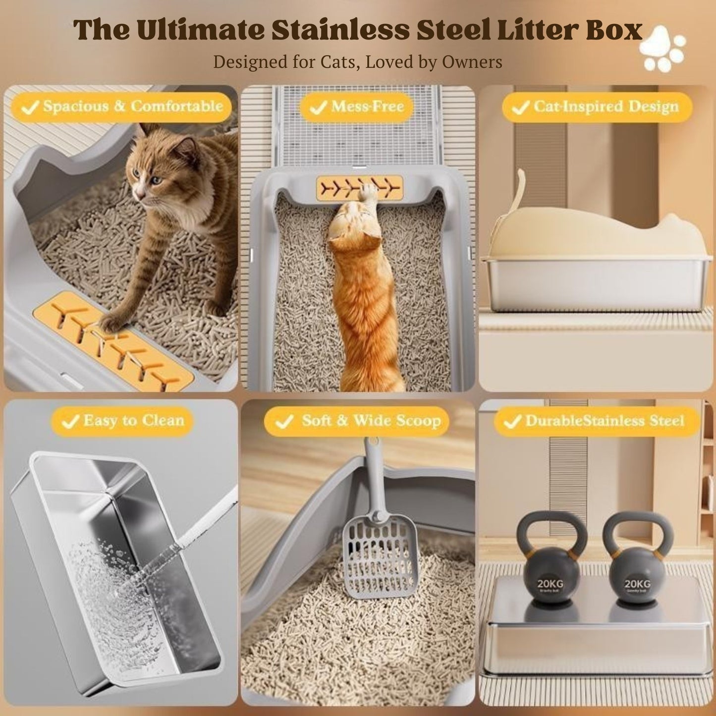 Belinana large stainless steel cat litter box with spacious design and easy-to-clean features