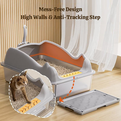 Belinana large stainless steel cat litter box with high walls and anti-tracking step for easy cleaning