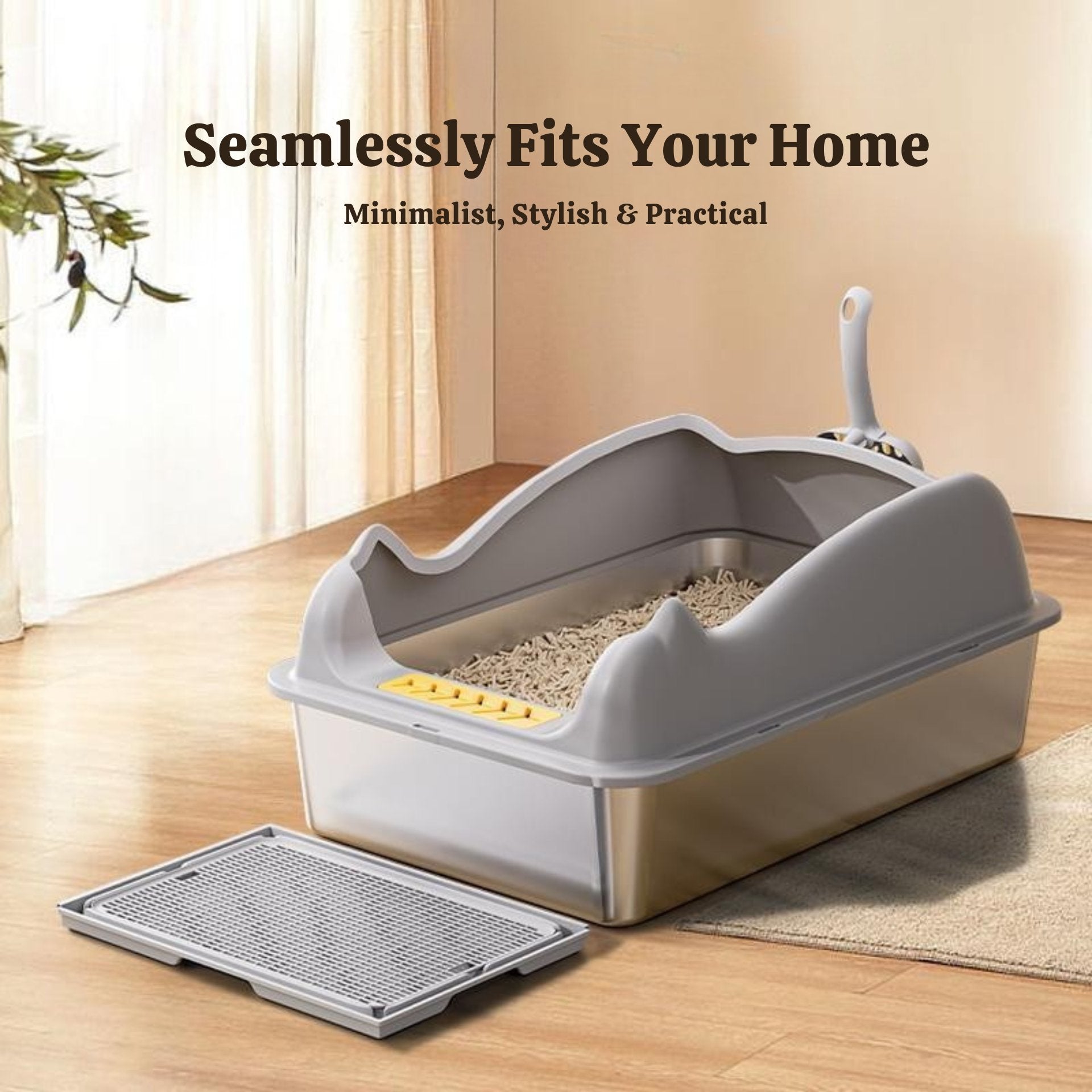 Belinana large stainless steel cat litter box with a sleek design and removable top for easy cleaning