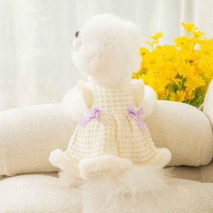 Belinana Princess Dog Sweater Dress - Plush Faux-Fur Bow