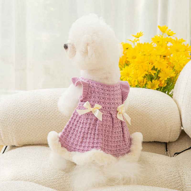 Belinana Princess Dog Sweater Dress - Plush Faux-Fur Bow