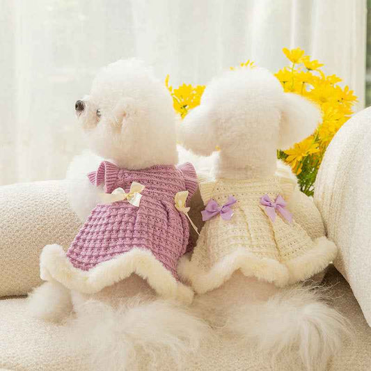 Belinana Princess Dog Sweater Dress - Plush Faux-Fur Bow